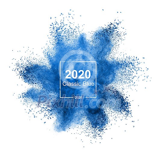 Classic blue powder explosion on a white background, copy space. Trend color of the year 2020. Classic blue powder explosion on a white background, copy space. Trend color of the year 2020.
