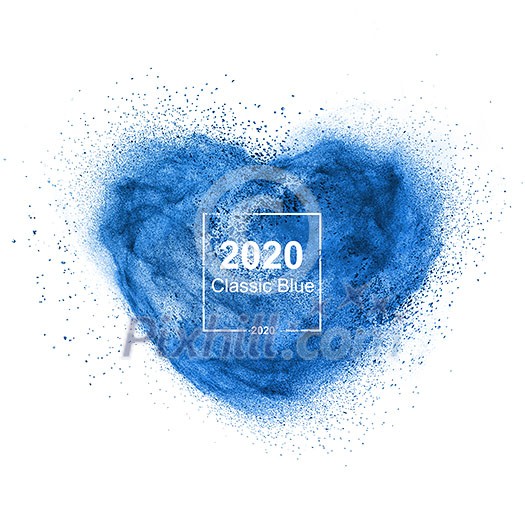 Powder shape of heart in the color classic blue on a white background, copy space. Trend color of the year 2020. Powder shape of heart in the color classic blue on a white background, copy space. Trend color of the year 2020.