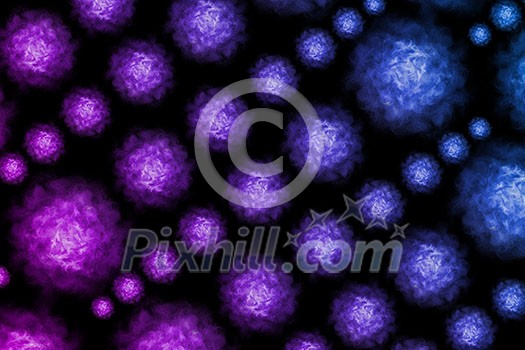 Powder splashes pattern of different size in ultraviolet colors on a black background. Powder splashes pattern of different size in ultraviolet colors on a black background.