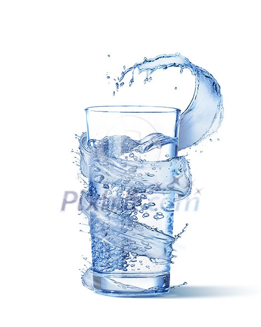 Clear glass of water with moving bubbles and spiral wave splash around it on a white background, copy space.