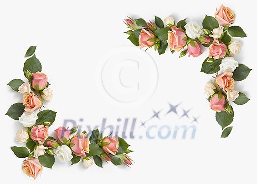 Greeting corners frame from roses flowers with green leaves on a light grey background and copy space. Flat lay. Postcard for Valentine's Day. Greeting corners frame from roses flowers with green leaves on a light grey background and copy space. Flat lay. Postcard for Valentine's Day.