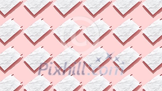 White paper pattern from blank crumpled sheets with small clothespins on a pastel pink background, hard shadows. Can be used for your creativity. Flat lay. White paper pattern from blank crumpled sheets with small clothespins on a pastel pink background, hard shadows. Can be used for your creativity. Flat lay.