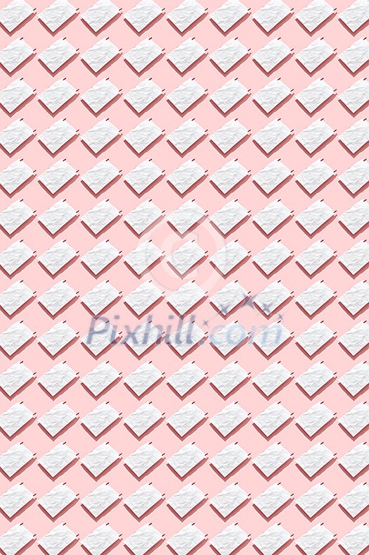 Pattern from blank crumpled paper white sheets with small clothespins on a pastel pink background, hard shadows. Can be used for your creativity. Flat lay. Pattern from blank crumpled paper white sheets with small clothespins on a pastel pink background, hard shadows. Can be used for your creativity. Flat lay.