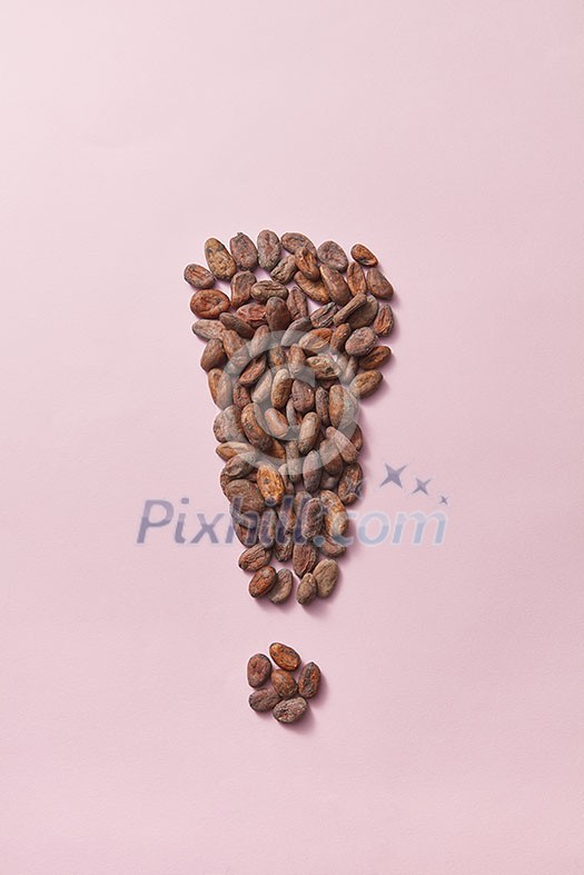 Shape of exclamation point made from natural organic dry cocoa beans on a light pink background with copy space. Effect of improved human brain activity from chocolate. Shape of exclamation point made from natural organic dry cocoa beans on a light pink background with copy space. Effect of improved human brain activity from chocolate.
