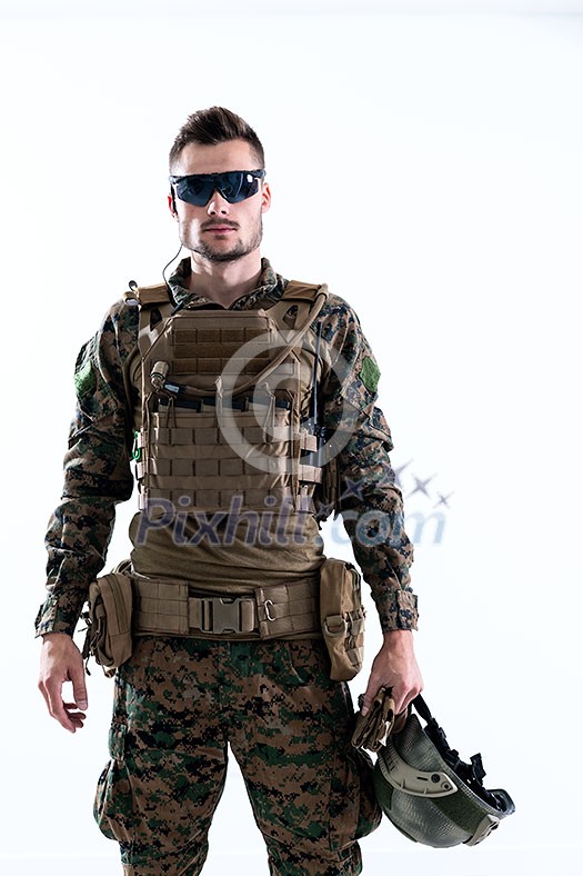 american marine corps special operations soldier with fire arm weapon and protective army tactical gear clothes Studio shot isolated on white background american marine corps special operations soldier with fire arm weapon and protective army tactical gear clothes Studio shot isolated on white background