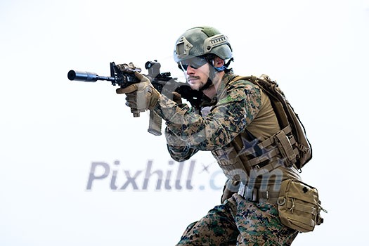 modern warfare american marines soldier in action while sneaking and aiming on laseer sight optics in combat position and searching for target in battle modern warfare american marines soldier in action while sneaking and aiming on laseer sight optics in combat position and searching for target in battle