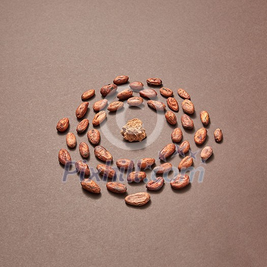 Round frame from organic cocoa beans and cocoa mass in the middle on a brown background with soft shadows, copy space. Round frame from organic cocoa beans and cocoa mass in the middle on a brown background with soft shadows, copy space.