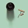 Alcohol drink wine opened bottle with natural cork and corkscrew on a light green background with soft shadows and copy space. Top view.