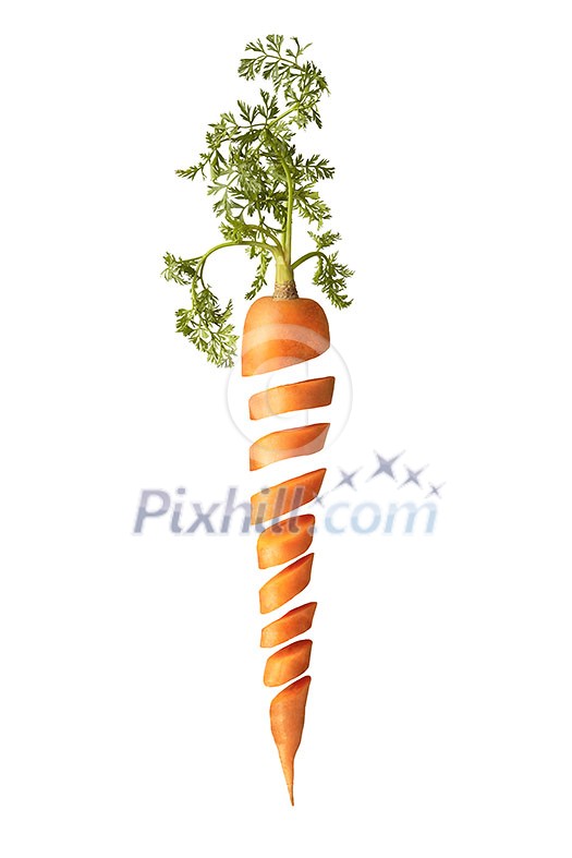 Freshly picked natural organic juicy fruit vertical carrot with green leaf cut on a white background with copy space. Vegan concept. Freshly picked natural organic juicy fruit vertical carrot with green leaf cut on a white background with copy space. Vegan concept.
