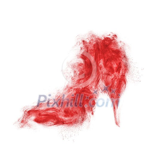Creative red powder splash in the shape of woman shoe on the heel on a white background with copy space. Abstract dust cloud. Creative red powder splash in the shape of woman shoe on the heel on a white background with copy space. Abstract dust cloud.