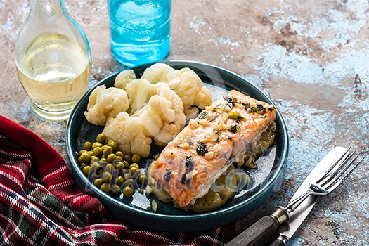 Solomon fillet with pineapple and cauliflower. Fish with vegetables. Solomon fillet with pineapple and cauliflower. Fish with vegetables.