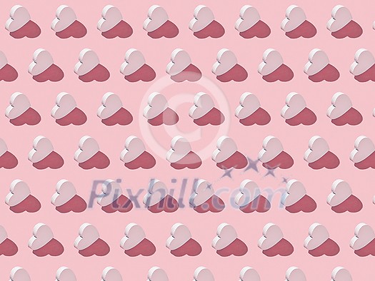 Horizontal Valentine's holiday pattern from vertical hearts made from gypsum on a pastel pink background with hard shadows. Congratulation card. Horizontal Valentine's holiday pattern from vertical hearts made from gypsum on a pastel pink background with hard shadows. Congratulation card.