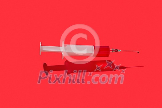 Red liquid blood or vaccine in flying plastic disposable syringe above red background with hard shadow and reflections, copy space. Red liquid blood or vaccine in flying plastic disposable syringe above red background with hard shadow and reflections, copy space.