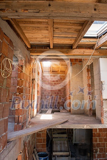 construction site interior of new two levels apartment with windows and red brick walls construction site in progress to new house construction site interior of new two levels apartment with windows and red brick walls construction site in progress to new house