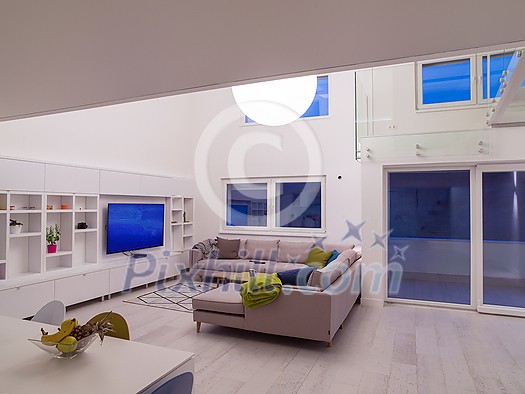 interior of a luxury stylish modern open space design two level apartment with white walls interior of a luxury stylish modern open space design two level apartment with white walls