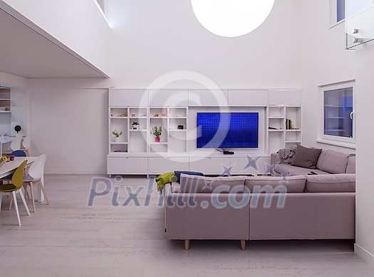 interior of a luxury stylish modern open space design two level apartment with white walls interior of a luxury stylish modern open space design two level apartment with white walls
