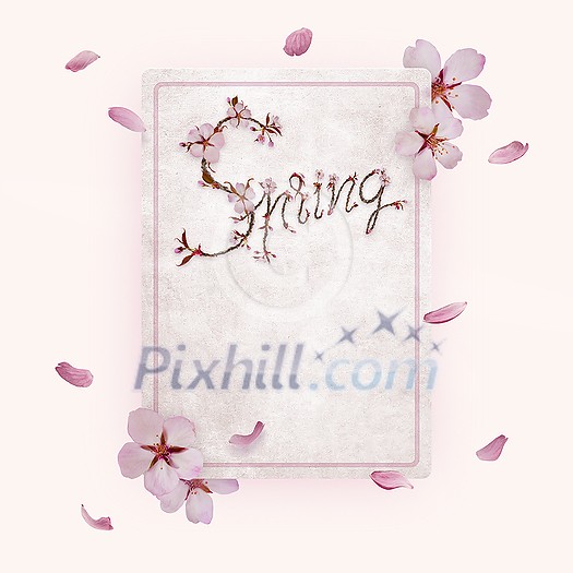 Cherry blossom letters on a vintage paper card with floating petals on soft pink backgound. Cherry blossom letters on a vintage paper card with floating petals on soft pink backgound.