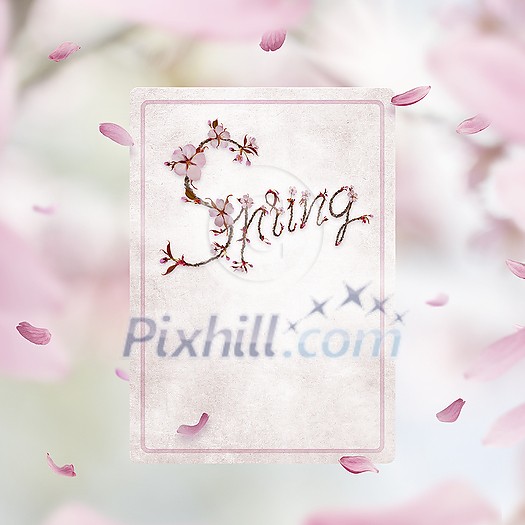 Cherry blossom letters on a vintage paper card with floating petals on soft pink spring nature backgound. Cherry blossom letters on a vintage paper card with floating petals on soft pink spring nature backgound.