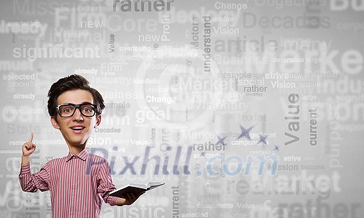 Young funny man in glasses with big head and book in hands Young funny man in glasses with big head and book in hands