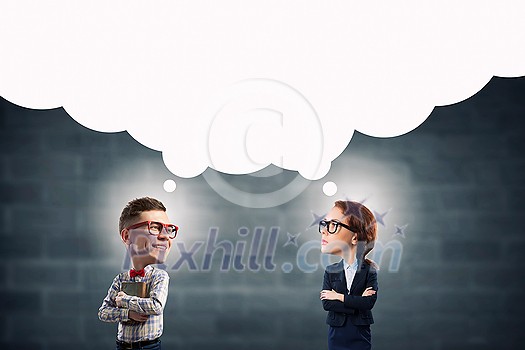 Young funny big headed man and woman in glasses Young funny big headed man and woman in glasses