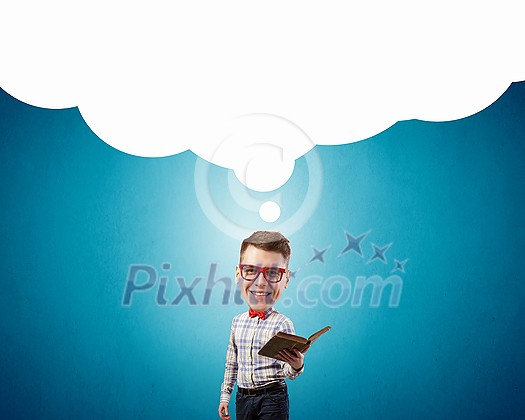 Young funny big headed man in glasses with book in hands Young funny big headed man in glasses with book in hands