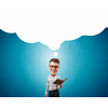 Young funny big headed man in glasses with book in hands