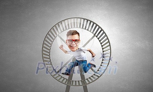 Funny picture of running man with big head over cement background Funny picture of running man with big head over cement background