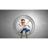 Funny picture of running man with big head over cement background