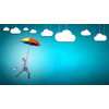 Young businessman flying high in sky on umbrella