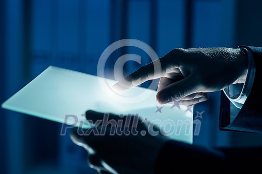 Close up of human hands using virtual panel Close up of human hands using virtual panel