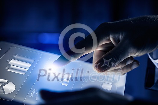 Close up of human hands using virtual panel Close up of human hands using virtual panel