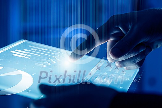 Close up of human hands using virtual panel Close up of human hands using virtual panel