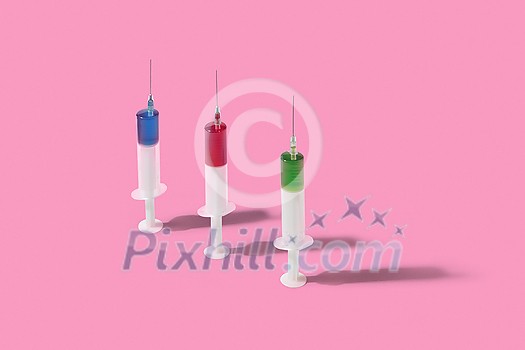 Medicinal set of vertical sterile disposable syrenges with colorful red, green and blue vaccines or serum for an intravenous injection on a pink background with shadows, copy space. Medicinal set of vertical sterile disposable syrenges with colorful red, green and blue vaccines or serum for an intravenous injection on a pink background with shadows, copy space.