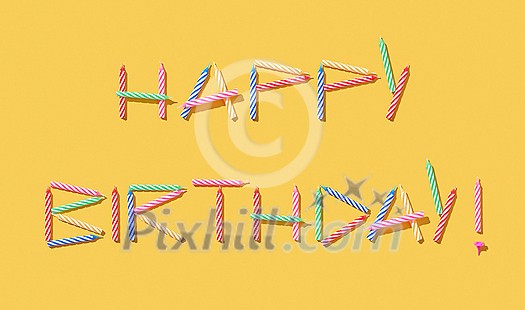 Congratulation card with text Happy Birthday handmade from multicolored candles on a yellow background, copy space.