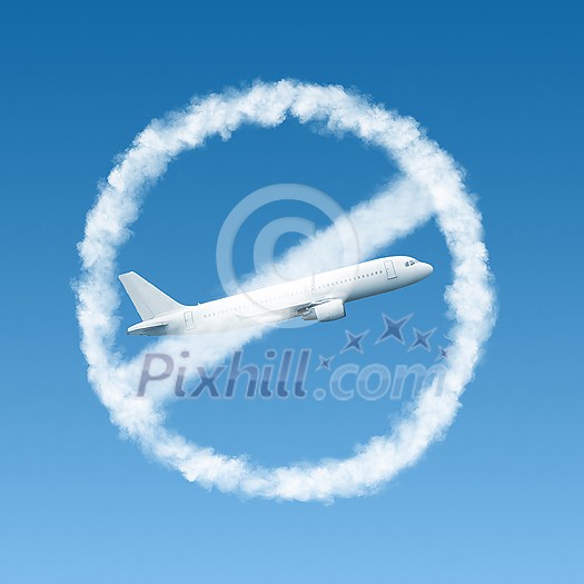 Forbbiden sign from clouds with crossed out white plane on the background of blue sky. Restriction of flights. Coronavirus, Covid 19 pandemic, Global calamity. Quarantine concept.