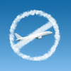 Forbbiden sign from clouds with crossed out white plane on the background of blue sky. Restriction of flights. Coronavirus, Covid 19 pandemic, Global calamity. Quarantine concept.
