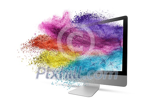 Big computer display or monitor with colorful dust explosion on a white background, copy space. Big computer display or monitor with colorful dust explosion on a white background, copy space.