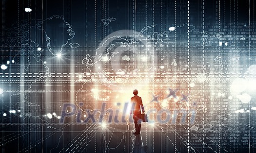 Back view of businessman with suitcase in hands looking at virtual panel Back view of businessman with suitcase in hands looking at virtual panel