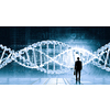Businessman standing with back and virtual panel with dna spiral