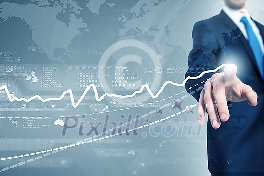 Close up of businessman touching virtual panel with finger Close up of businessman touching virtual panel with finger