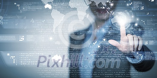 Close up of businesswoman touching virtual panel with finger Close up of businesswoman touching virtual panel with finger