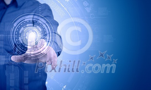 Close up of businessman touching virtual panel with finger Close up of businessman touching virtual panel with finger