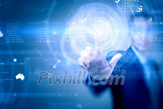 Close up of businessman touching virtual panel with finger Close up of businessman touching virtual panel with finger