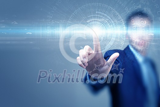 Close up of businessman touching virtual panel with finger Close up of businessman touching virtual panel with finger