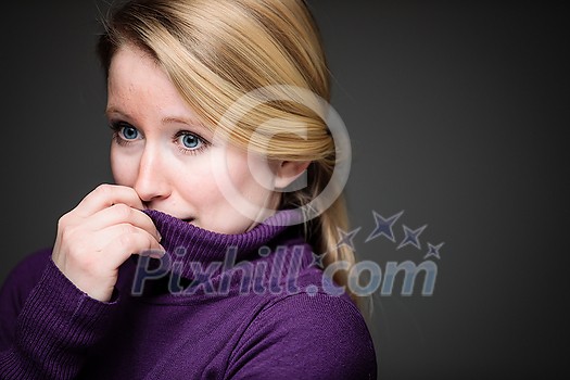 Fear/anxiety/regret/uncertainty in a young woman - effects of a difficult life situation - vivid emotions concept Fear/anxiety/regret/uncertainty in a young woman - effects of a difficult life situation - vivid emotions concept