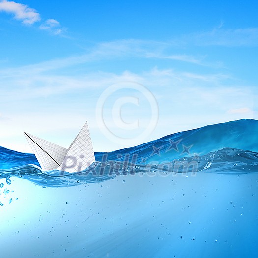 Boat made of paper sinking in blue water surface Boat made of paper sinking in blue water surface