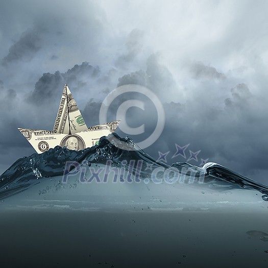 Ship made of dollar banknote floating in water Ship made of dollar banknote floating in water