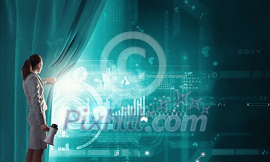 Young businesswoman opening curtain and presenting sales report Young businesswoman opening curtain and presenting sales report