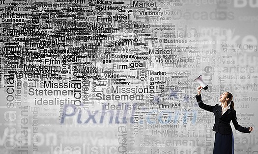 Young businesswoman screaming in megaphone and words flying out Young businesswoman screaming in megaphone and words flying out