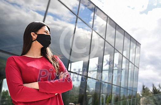 business woman portrait with protective mask in coronavirus outbreak new normal concept business woman portrait with protective mask in coronavirus outbreak new normal concept